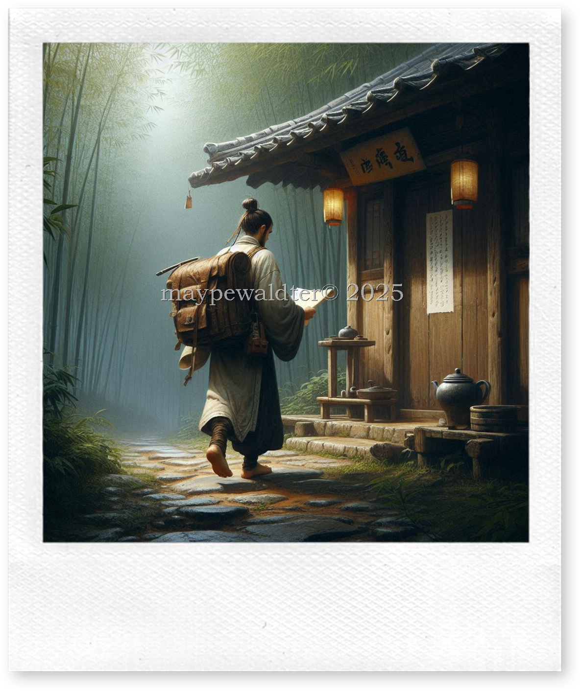 A young scholar, a wanderer with parchment and ink in his bag, enters a small tea house at the edge of a bamboo grove. A young scholar, a wanderer with parchment and ink in his bag, enters a small tea house at the edge of a bamboo grove.